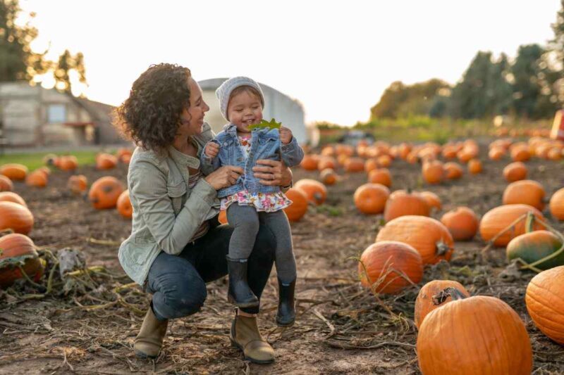 mother and young child at pumpkin patch 1415641388